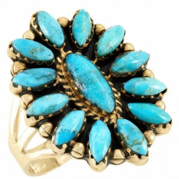 No Brand Jewelry - Large Turquoise Cluster Statement Ring - Gold Tone Marquise Southwest Sunburst